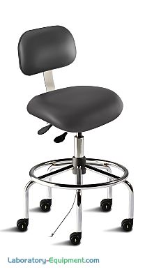 Biofit black desk chair includes tubular steel base, large trapezoid backrest, saddle-shaped seat, footring, and dual-wheel casters for ESD applications