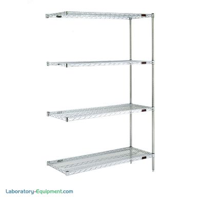 Complete 4-shelf add-on system by Eagle Group with adjustable open-wire shelves easily attaches to existing shelving system; available in low cost chrome-plated